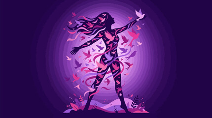 Fototapeta premium Woman with birds flying out of her body in purple hues symbolizing freedom