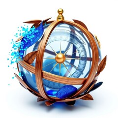 Fototapeta premium Intricate globe design features wooden rings, celestial map, blue crystal elements. Detailed instrument evokes exploration, navigation themes.