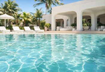 Fototapeta premium Luxury tropical villa swimming pool with sunlight reflections, modern architecture, palm trees, serene summer vacation resort landscape, calm atmosphere, luxury lifestyle outdoor scenery background.