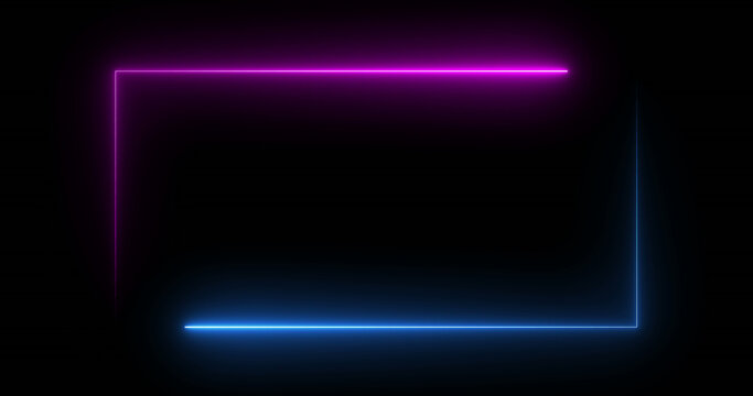 Square rectangle picture frame with two tone neon color motion graphic on isolated black background. Blue and pink light moveing for overlay element. Motion graphics of neon rectangle