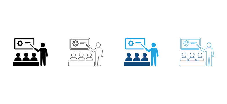 Trainer points to presentation screen in a business meeting with an engaged audience.