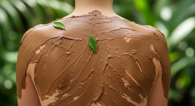 Person receiving a therapeutic mud body wrap treatment in a natural setting.