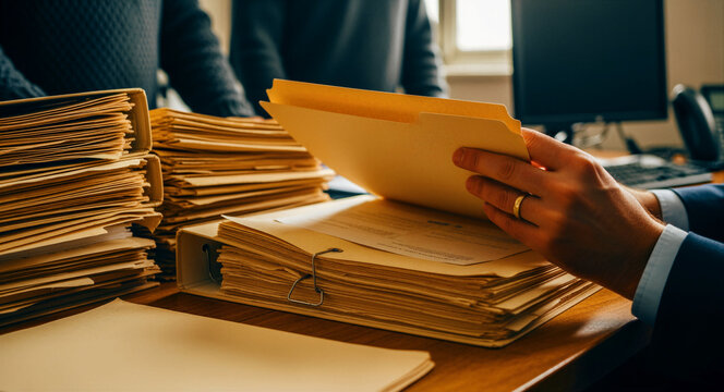 Person opening a manila folder on a desk filled with stacks of documents. Hand reviewing paperwork in an office with many files. Audit and organization concept for legal or financial business themes.