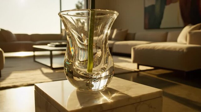 Sculptural Glass Vase Holding a Single Green Stem, Illuminated by Warm Sunlight in a Modern Living Room