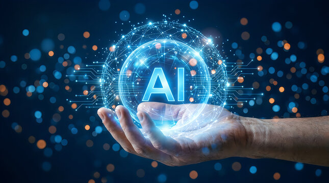 Human hand holding glowing blue artificial intelligence AI sphere with digital network