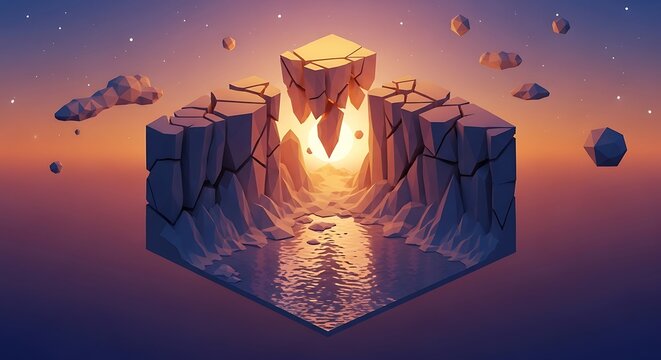 Isometric fantasy floating island with glowing portal and cosmic background.
