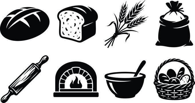 Collection of eight bread and baking silhouette vector icons featuring loaves, wheat, flour, oven, rolling pin, and basket designs