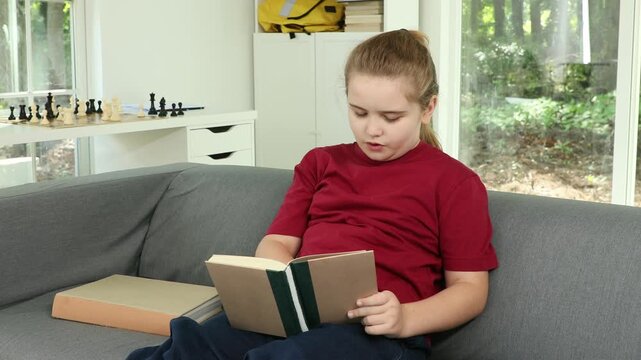 Kid read book on the couch. Child reading book for knowledge. Kid reading book in calm interior. Reading book helps child development.