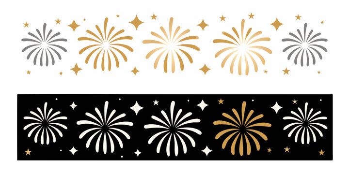 Golden fireworks display vector illustration with scattered stars presented on white and black backgrounds