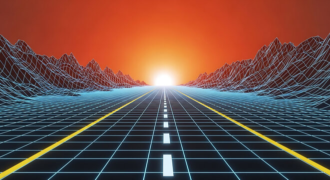 Conceptual digital highway with glowing wireframe mountains at sunset wireframe mountains conceptual futuristic landscape technology perspective environment innovation