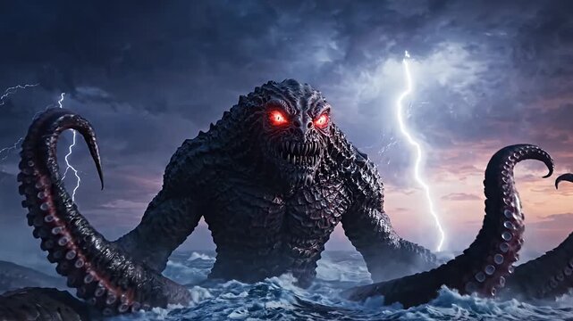 Terrifying Giant Sea Monster Kraken Rises from Stormy Ocean with Lightning