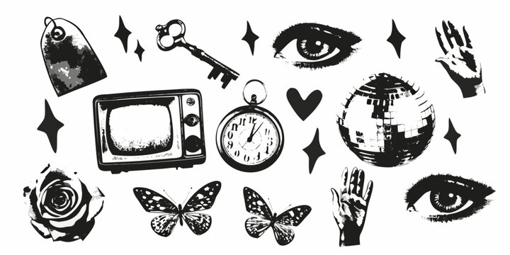 Black and white collage featuring a television pocket watch rose and various symbolic elements