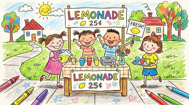 Three girls and one boy happily sell fresh lemonade at their colorful stand on a sunny day