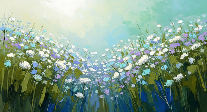 Impressionist style oil painting of wildflowers in a meadow with painting impressionist landscape colorful artistic brushwork botanical blooming creative
