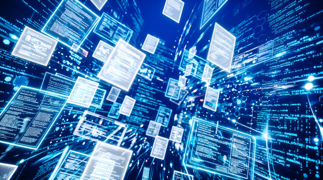 Digital information stream, abstract technological background of data transfer and cyber security in a networked world