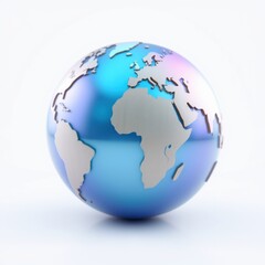 Naklejka premium Metallic globe depicts continents, oceans. Reflective surface shows iridescent hues, resting on white background. Minimalist design.