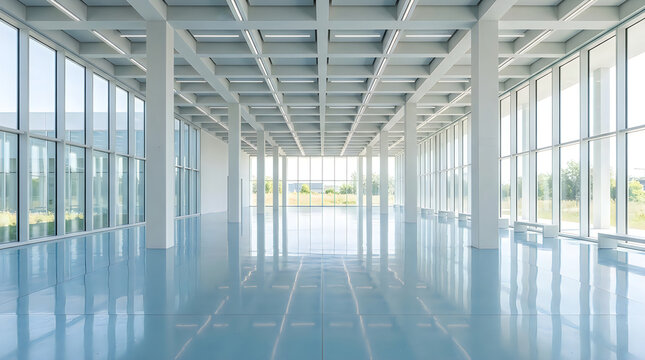 Spacious modern empty hall with large windows and blue reflective floor