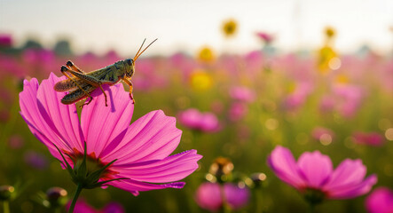 Fototapeta premium Grasshopper sitting on a pink cosmos flower in a sunlit meadow. Macro shot of a locust resting on petals at golden hour. Nature and wildlife concept, ideal for garden and environmental marketing.