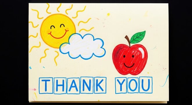 Handmade thank you card with a smiling sun, a cloud, and a red apple illustration on a light cream background
