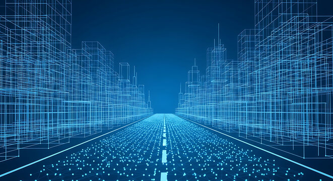 Digital abstract city grid representing global information network and data connectivity with technology abstract connectivity internet infrastructure communication information processing