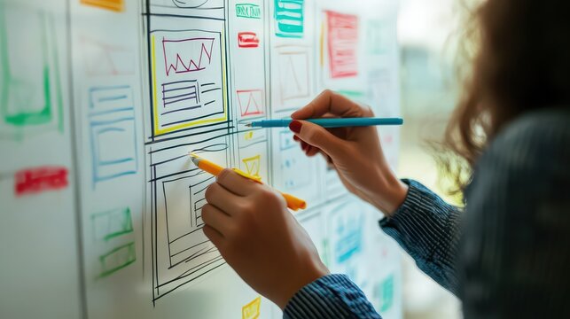 Designer uses colorful markers to draw detailed web application wireframes on a clean office whiteboard during a project planning phase.