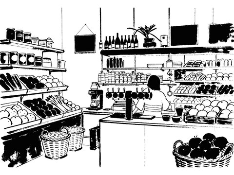 Boutique Grocery Store Interior Ink Sketch Illustration