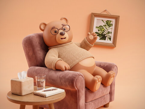 A cute 3D rendered cartoon teddy bear sits comfortably in an armchair reading a book with glasses, tea, and a plant nearby.