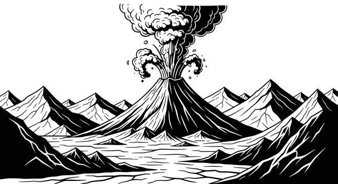 A volcanic eruption occurs on a mountain surrounded by water and other mountains.