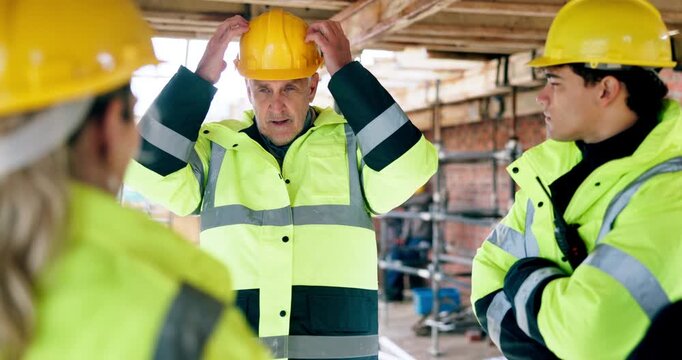 Man, architect and team with hard hat for safety training, PPE regulations or instructions on site. Mature person, manager or discussion with group of contractors for helmet tips or building security
