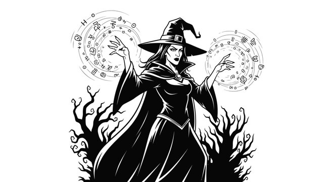 A mystical witch casts magic surrounded by glowing orbs and dark trees in a mysterious forest at night.