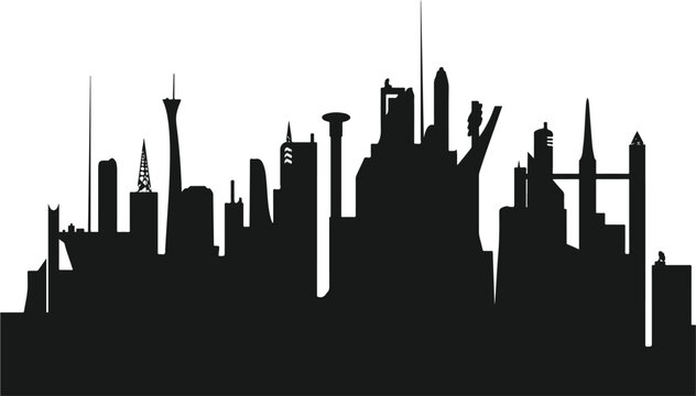 Solid black silhouette of a dense city skyline against a white background, featuring a variety of buildings with different heights, towers, spires, and modern architectural shapes in a clean urban lan