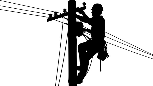 Black silhouette of a professional electrical lineman or technician wearing a hard hat while climbing a power pole to repair high voltage utility lines isolated on white.