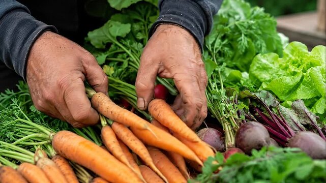 Sustainable food production farmer hands harvesting fresh carrot radish beetroot and leafy green lettuce organic market display promoting local farm