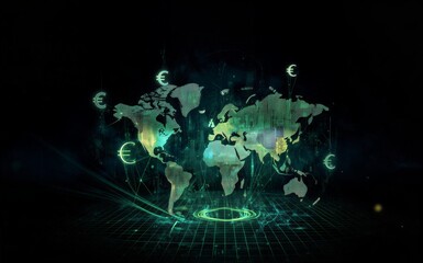 Naklejka premium Global digital economy with glowing euro symbols and interconnected networks.