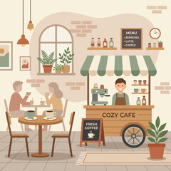 Fototapeta premium Cozy Cafe Scene: People Enjoy Coffee at Tables and Barista Serves from Cart