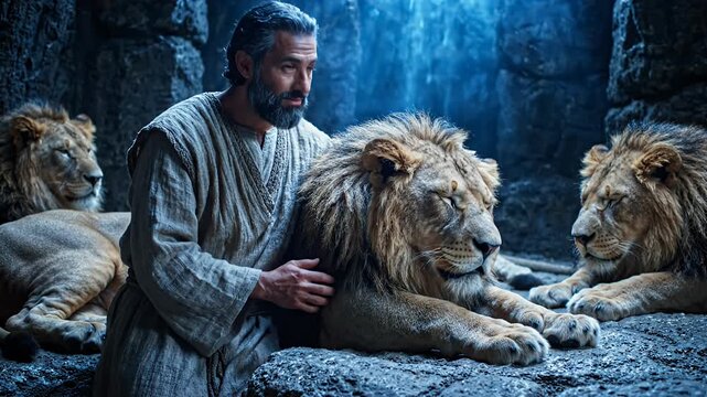 Biblical Daniel in the Lions Den with Holy Protection and Peace