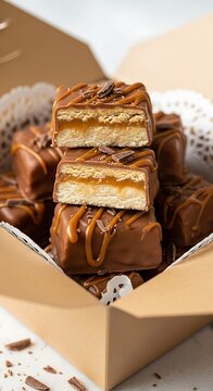 Homemade Chocolate Caramel Shortbread Squares in a Gift Box.
