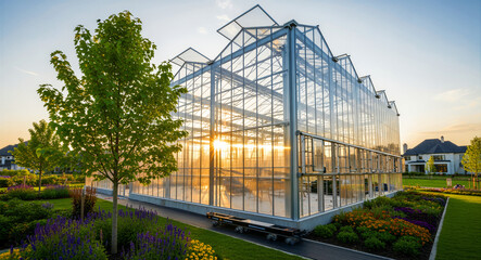 Naklejka premium Modern glass greenhouse standing in a lush landscaped garden at sunset. Sunlight flares through the transparent panels of the nursery building. Sustainable horticulture and architecture concept.