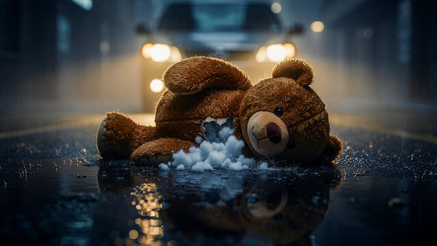Broken teddy bear on a wet road at night with car headlights. Plush toy is damaged with stuffing spilling on the asphalt. Conceptual safety theme, ideal for child protection and loss awareness.