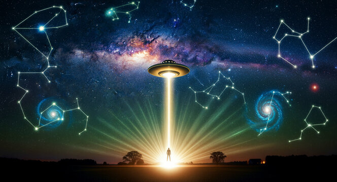 UFO spacecraft hovering over a human silhouette. A light beam descends from the saucer amidst a starry sky. Sci-fi abduction concept, ideal for paranormal media.
