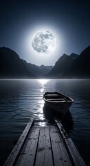 Fototapeta premium Moonlit lake scene with small boat.
