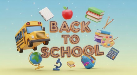 Naklejka premium 3d illustration of school supplies floating around the text back to school with a yellow school bus, books, globe, backpack, and stationery items