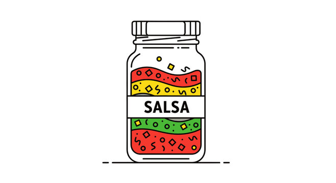 Jar of colorful salsa with label, Mexican food illustration
