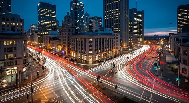 Stunning long exposure city intersection at twilight with light trails.
