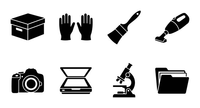 8 Silhouette Icons for Storage, Cleaning, Art, Photography, Scanning, Science, Organization