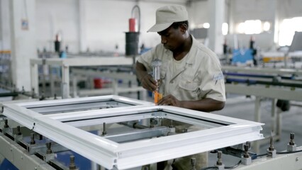 Fototapeta premium Factory worker drilling window frame in assembly workshop