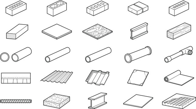Construction material icon collection illustration, building components and structural elements, engineering vector design set