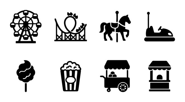 Amusement Park Icons: Ferris Wheel, Roller Coaster, Carousel Horse, Bumper Car, Cotton Candy, Popcorn, Food Cart, Game Booth Vector Set