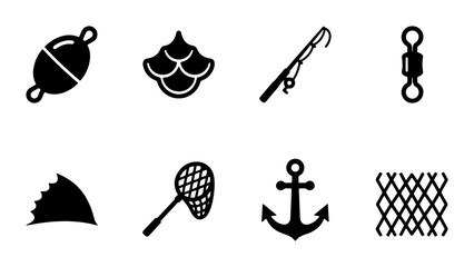 Fishing Icons Set: Bobber, Scale, Rod, Swivel, Fin, Net, Anchor, Mesh Vector Graphics for Angling and Marine Themes © Vectinplus