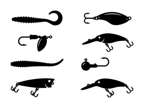 Fishing Lures Vector Icons Set, Angling Baits Collection, Sport Fishing Tackle Graphics, Outdoor Hobby Equipment